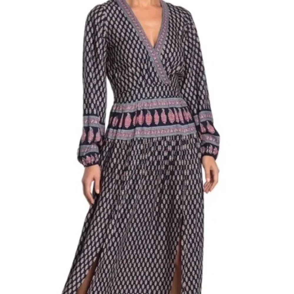 Raga Anthropologie Avah Geometric‎ Split Front Long Sleeve Boho Dress Small